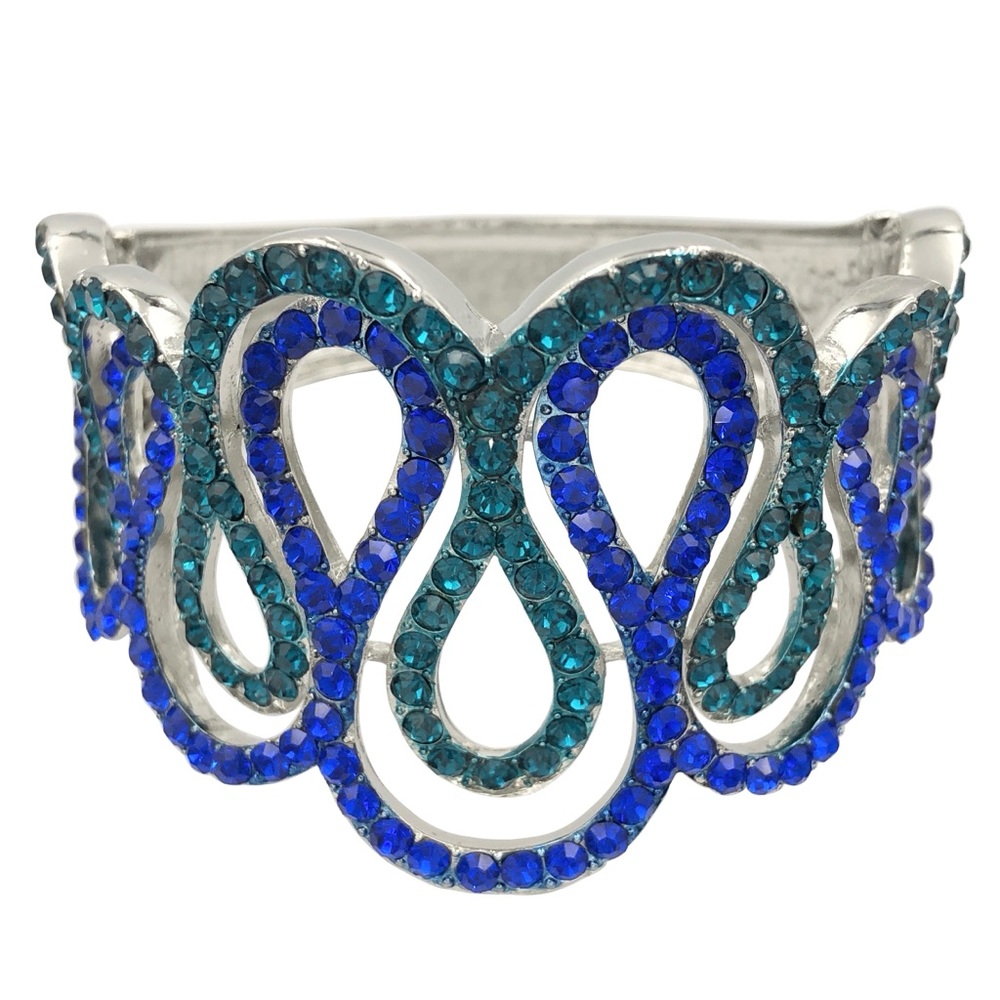 Royal Blue & Aqua Teal Curl Line Chunky Statement Hinged Silver Bangle Bracelet